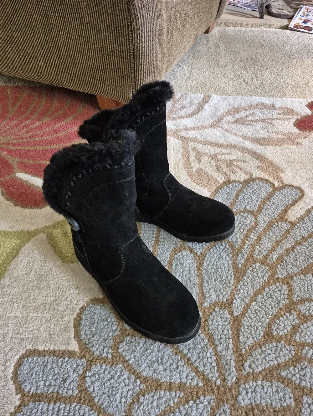 Skechers Keepsakes Wedge Cozy Peak Black Leather Ankle Boots Size 7.5